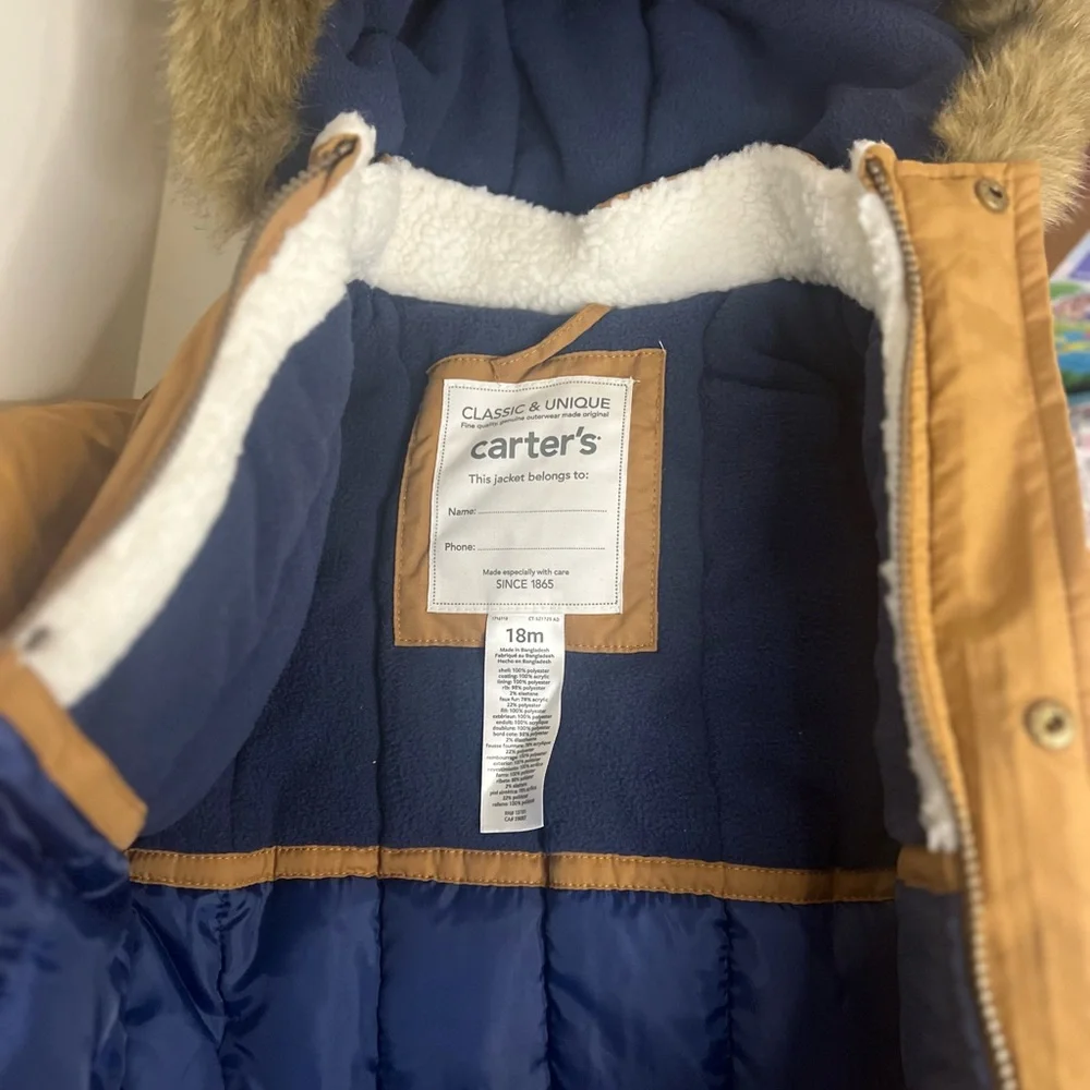 Carter’s Toddler Winter Jacket Faux Fur Hood Brown Coat 18M
